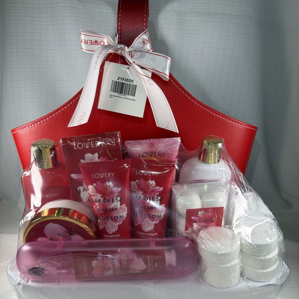 Lovery 25-Pc Cherry Blossom Spa Gift Set New Sealed Red Leather Tote Basket